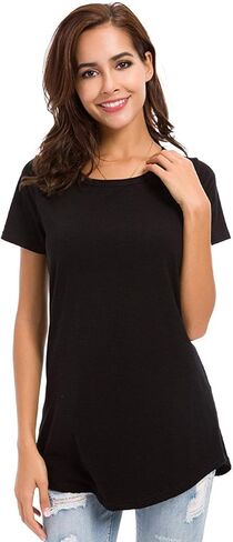 LUSMAY Womens Loose Fitting Side Slit Tops Tunic Short Sleeve Causal T Shirts, Grey, Size L in Saudi Arabia