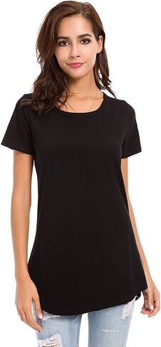 LUSMAY Womens Loose Fitting Side Slit Tops Tunic Short Sleeve Causal T Shirts, Grey, Size L in Saudi Arabia