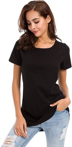 LUSMAY Womens Loose Fitting Side Slit Tops Tunic Short Sleeve Causal T Shirts, Grey, Size L in Saudi Arabia