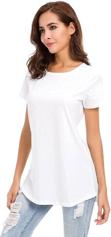 LUSMAY Womens Loose Fitting Side Slit Tops Tunic Short Sleeve Causal T Shirts, Grey, Size L in Saudi Arabia