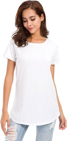 LUSMAY Womens Loose Fitting Side Slit Tops Tunic Short Sleeve Causal T Shirts, Grey, Size L in Saudi Arabia