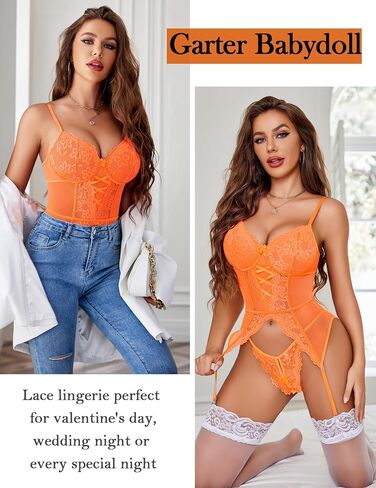 Avidlove Garter Lingerie for Women Floral Lace Babydoll Bodysuit Bra and Panty Set in Saudi Arabia