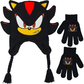 Shadow The Hedgehog Kids Beanie Hat and Gloves Set, Sonic The Hedgehog Peruvian Winter Knit Cap with Tassels, 3D Quills, and Matching Mittens, Black, One Size