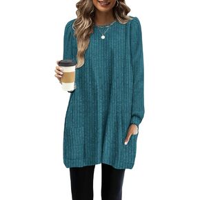 OFEEFAN Long Sleeve Shirts for Women Long Sweaters with Pockets Tunic Tops Loose Fit