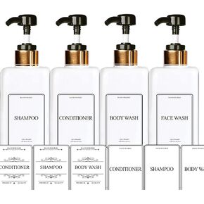 EZPRO USA Empty Plastic Square Bottles Pump Shampoo Conditioner Body Wash Face, in Shower Bathroom Dispenser, Waterproof Permanent Labels, 27oz 800ml Set of 4 (White Plastic, Gold White Pump)