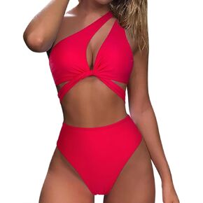 RUUHEE Women Bikini Set One Shoulder Cutout Deep V Neck Lace Up 2 Piece Bathing Suit