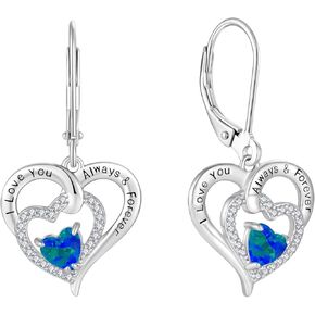 OSKINIA Opal Earrings 925 Sterling Silver Dangle Drop Heart Earrings Engraved with I Love You Always & Forever 3A Cubic Zirconia Birthstone Dangle Earrings for Women