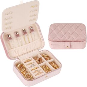 Toovem Jewelry Case Organizer for Travel, Plush Velvet Jewelry Organizer Box with Mirror Travel Gifts for Women and Girls- Pink Velvet