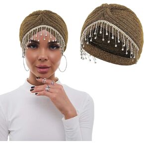 Bohend Flower Rhinestone Turban Cap Vintage Pearl Headwarp Beanie Pre Tied Pleated Bonnet Women Brooch Feather Head Cover Hat