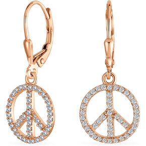 Message World Peace Sign Symbol Cubic Zirconia Pave CZ Lever back Drop Dangle Earrings For Women For Teen Rose Gold Plated .925 Sterling Silver