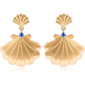 Gold Shell Earrings for Women Dangle Bohemian Gold Plated Seashell Earrings Boho Drop Sea Shell Starfish Statement Earrings Rhinestone Hawaiian Summer Beach Vacation Ocean Jewelry Gifts for Girls