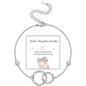 Mother Daughter Sister Bracelets Gifts for Women: S925 Sterling Silver Two Interlocking Eternity Circle Chain Bracelet Jewelry Mother Day Birthday Christmas Gifts for Daughter Granddaughter Mom Friend
