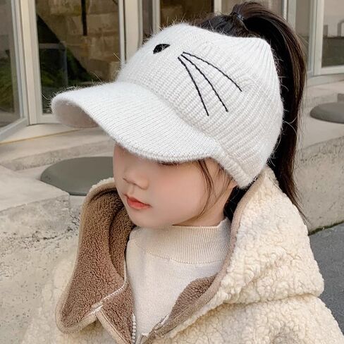 Toddlers Knit Beanie Hat for Baby Girl Winter-Warm Elastic Sports Empty-Top Ponytail Visor Cap for Tennis Running in Saudi Arabia
