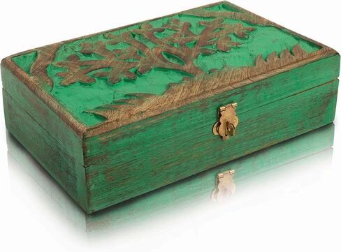 أفكار هدايا عيد ميلاد رائعة، صندوق مجوهرات خشبي مزخرف مصنوع يدويًا، نحت شجرة الحياة وقفل ومفتاح، منظم مجوهرات، صندوق تذكار، صندوق كنز، حامل حلية، صندوق تخزين، صندوق قفل، 8 × 5 بوصات in Kuwait