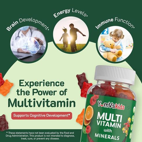 YUM-V's MultiVitamin Chewable Jellies (Gummies) for Kids, Fruit Flavor (60 Ct); Dietary Supplement w/Vitamins & Minerals- Vitamin D 600 IU, Vitamins B12, B6, E, C, A, Zinc, Kosher, Halal, Gluten Free in Saudi Arabia