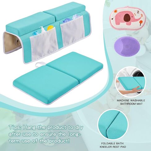 Baby Bath Kneeler and Elbow Rest Pad Set,Baby Bathtub Mat for Newborn Essentials Must Haves,Kneeling Pad with Soft Memory Foam and Bath Toy Organizer,Silicone Brush Bath Sponge,Blue in Kuwait
