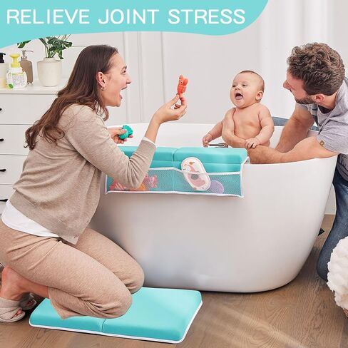 Baby Bath Kneeler and Elbow Rest Pad Set,Baby Bathtub Mat for Newborn Essentials Must Haves,Kneeling Pad with Soft Memory Foam and Bath Toy Organizer,Silicone Brush Bath Sponge,Blue in Kuwait