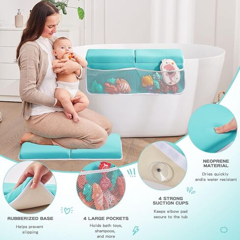 Baby Bath Kneeler and Elbow Rest Pad Set,Baby Bathtub Mat for Newborn Essentials Must Haves,Kneeling Pad with Soft Memory Foam and Bath Toy Organizer,Silicone Brush Bath Sponge,Blue in Kuwait
