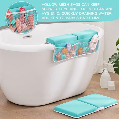 Baby Bath Kneeler and Elbow Rest Pad Set,Baby Bathtub Mat for Newborn Essentials Must Haves,Kneeling Pad with Soft Memory Foam and Bath Toy Organizer,Silicone Brush Bath Sponge,Blue in Kuwait