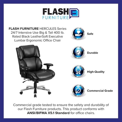 Flash Furniture HERCULES Series 24/7 الاستخدام المكثف كبير وطويل 400 رطل. كرسي مكتب مريح تنفيذي من الجلد الناعم باللون الأسود in Kuwait