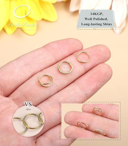 BodyBonita 20G Gold Nose Rings Hoops - 3pcs Surgical Steel Double Hoop Nose Rings Hinged CZ Conch Piercing Jewelry Septum Clicker Lip Rings Cartilage Earring Helix Rook 9mm in Saudi Arabia