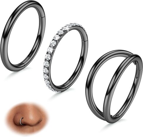 BodyBonita 20G Gold Nose Rings Hoops - 3pcs Surgical Steel Double Hoop Nose Rings Hinged CZ Conch Piercing Jewelry Septum Clicker Lip Rings Cartilage Earring Helix Rook 9mm in Saudi Arabia
