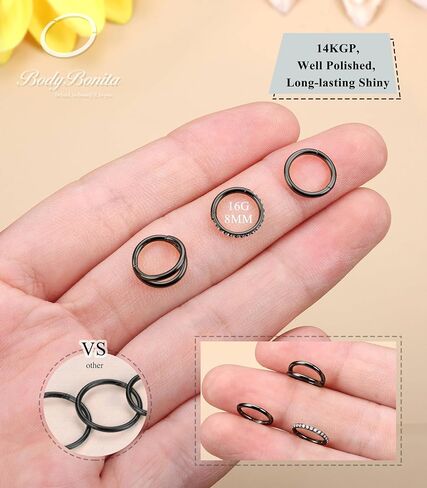 BodyBonita 20G Gold Nose Rings Hoops - 3pcs Surgical Steel Double Hoop Nose Rings Hinged CZ Conch Piercing Jewelry Septum Clicker Lip Rings Cartilage Earring Helix Rook 9mm in Saudi Arabia