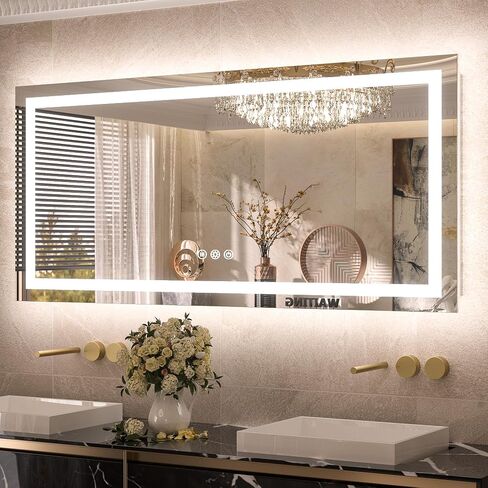 مرآة حمام TETOTE LED مع أضواء 24 × 36 مرآة زينة بإضاءة أمامية وخلفية مضادة للضباب وقابلة للتعتيم 3 ألوان أبيض/دافئ/طبيعي، CRI90+ أضواء مزدوجة، مثبتة على الحائط (أفقي/عمودي) in Kuwait