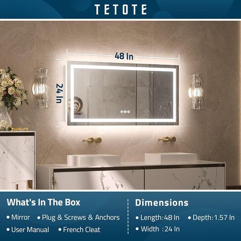 مرآة حمام TETOTE LED مع أضواء 24 × 36 مرآة زينة بإضاءة أمامية وخلفية مضادة للضباب وقابلة للتعتيم 3 ألوان أبيض/دافئ/طبيعي، CRI90+ أضواء مزدوجة، مثبتة على الحائط (أفقي/عمودي) in Kuwait