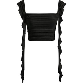 Milumia Women's Ruched Ruffle Trim Crop Tank Top Square Neck Fitted Tees Going Out Tops in Kuwait