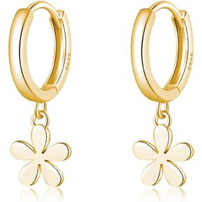 Reffeer Solid 925 Sterling Silver Tiny Daisy Dangle Hoop Earrings for Women Teen Girls Flower Huggie Earrings Small Hoop
