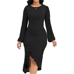 فساتين Bodycon للنساء شبكة كم طويل مثير كشكش غير متناظرة أنيقة حفلة كوكتيل تنحنح حورية البحر ميدي فستان أحمر S in Kuwait