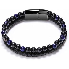 Natural Agate Stone Leather Beaded Bracelet, Lugxb Natural Agate 6mm Stone Adjustable Leather Beaded Bracelet Jewelry Gifts for Men Women