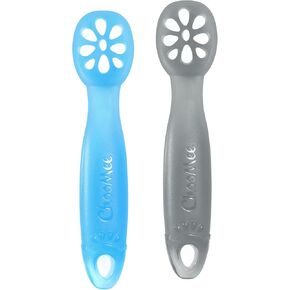 ChooMee FlexiDip Silicone Baby Learning Utensil | 4 Months + Baby Led Weaning | Flat Head Spoon with Firm Handle | Designed in USA, BPA Free, Premium Grade Platinum Silicone | 2 CT Aqua Green