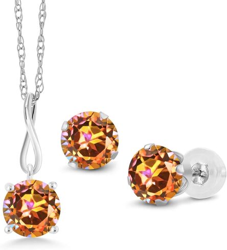 Gem Stone King 10K White Gold 6MM Round Gemstone Birthstone Pendant Earrings Jewelry Set | Gold Necklace and Earrings Set For Women | With 18 Inch Gold Chain in Saudi Arabia