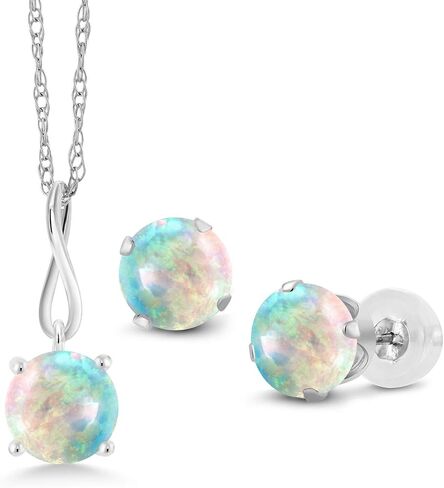 Gem Stone King 10K White Gold 6MM Round Gemstone Birthstone Pendant Earrings Jewelry Set | Gold Necklace and Earrings Set For Women | With 18 Inch Gold Chain in Saudi Arabia