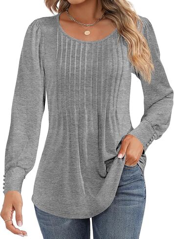 Ficerd Women's Puff Long Sleeve Tunic Tops Pleated Crew Neck Blouses Dressy Casual Loose Fit Fall and Winter Shirts in Saudi Arabia
