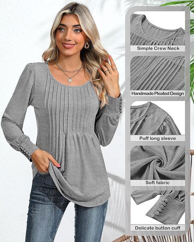 Ficerd Women's Puff Long Sleeve Tunic Tops Pleated Crew Neck Blouses Dressy Casual Loose Fit Fall and Winter Shirts in Saudi Arabia