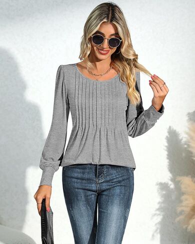 Ficerd Women's Puff Long Sleeve Tunic Tops Pleated Crew Neck Blouses Dressy Casual Loose Fit Fall and Winter Shirts in Saudi Arabia
