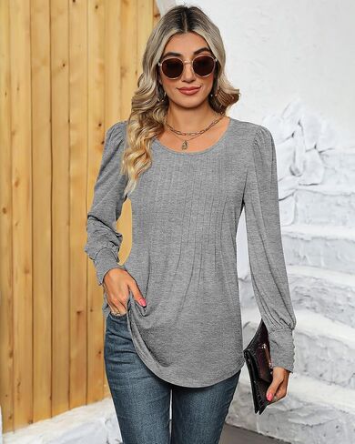Ficerd Women's Puff Long Sleeve Tunic Tops Pleated Crew Neck Blouses Dressy Casual Loose Fit Fall and Winter Shirts in Saudi Arabia