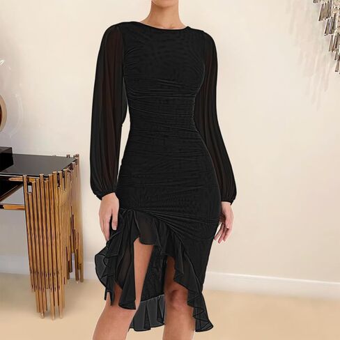 فساتين Bodycon للنساء شبكة كم طويل مثير كشكش غير متناظرة أنيقة حفلة كوكتيل تنحنح حورية البحر ميدي فستان أحمر S in Kuwait