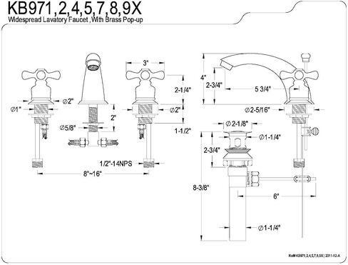 Kingston Brass KB971X صنبور مرحاض فيكتوري واسع الانتشار بمقبض متقاطع، كروم مصقول، مركز قابل للتعديل مقاس 8 بوصات in Saudi Arabia