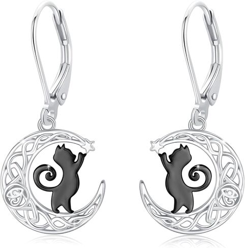 ConBo Black Cat Earrings S925 Sterling Silver Cat Earrings for Women Crescent Moon Cat Dangle Drop Earrings Mountain Earrings Cats Lover Christmas Gifts in Kuwait