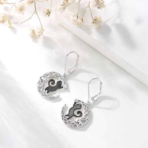 ConBo Black Cat Earrings S925 Sterling Silver Cat Earrings for Women Crescent Moon Cat Dangle Drop Earrings Mountain Earrings Cats Lover Christmas Gifts in Kuwait