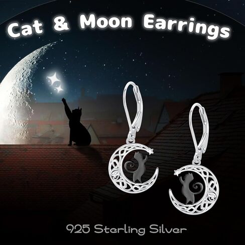 ConBo Black Cat Earrings S925 Sterling Silver Cat Earrings for Women Crescent Moon Cat Dangle Drop Earrings Mountain Earrings Cats Lover Christmas Gifts in Kuwait