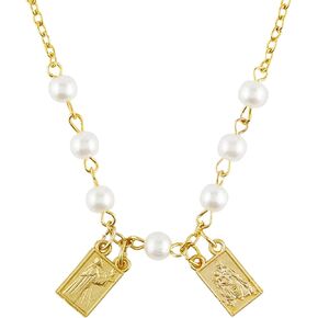 Gold Tone Scapular Necklace with White Beads, Religious Devotional Fashion Jewelry, Catholic Confirmation Sponsor Gifts for Men and Women, 16 Inches