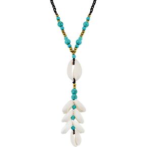 AeraVida Beach Chic Bohemian Seashells Boho Turquoise Cotton Rope Long Necklace