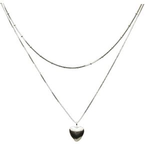 2-Strand Sterling Silver Puffed Heart Box Beads Chain Necklace Adjustable