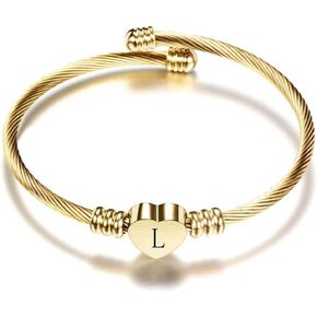 Women Girls Initial Letter Cuff Bracelet Love Heart Bracelet Gold Plated Alphabet Name Engraved Bangle Expandable Bracelets for Friends Mom Wife Sister Daughter Birthday