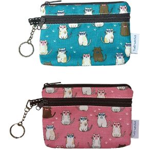 Tainada Women Coin Purse Change Wallet Coin Mini Pouch with Key Ring Chain 2 Pcs Set (Cats Pattern (Pink + Turquoise))